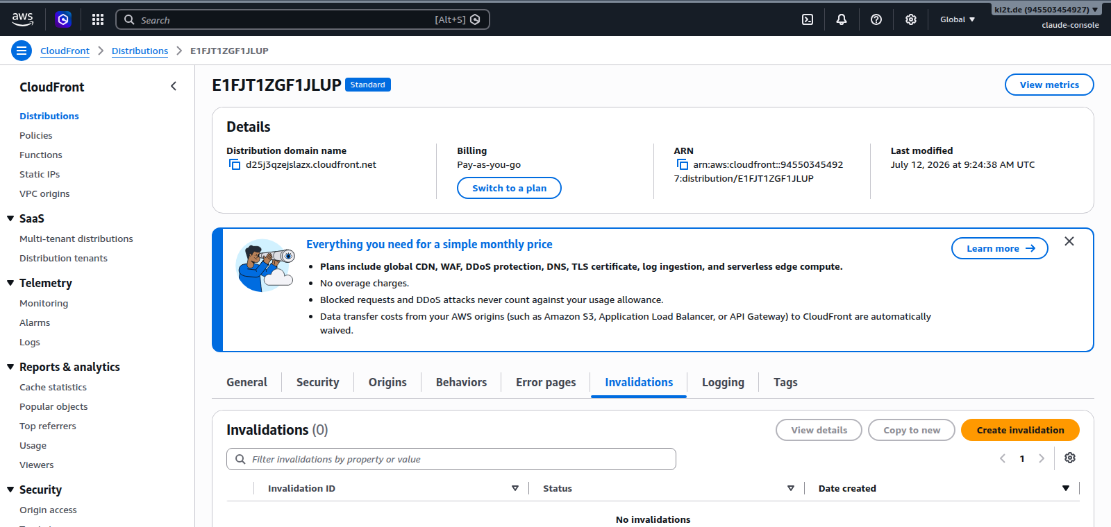CloudFront Invalidations-Tab mit Create-invalidation-Button