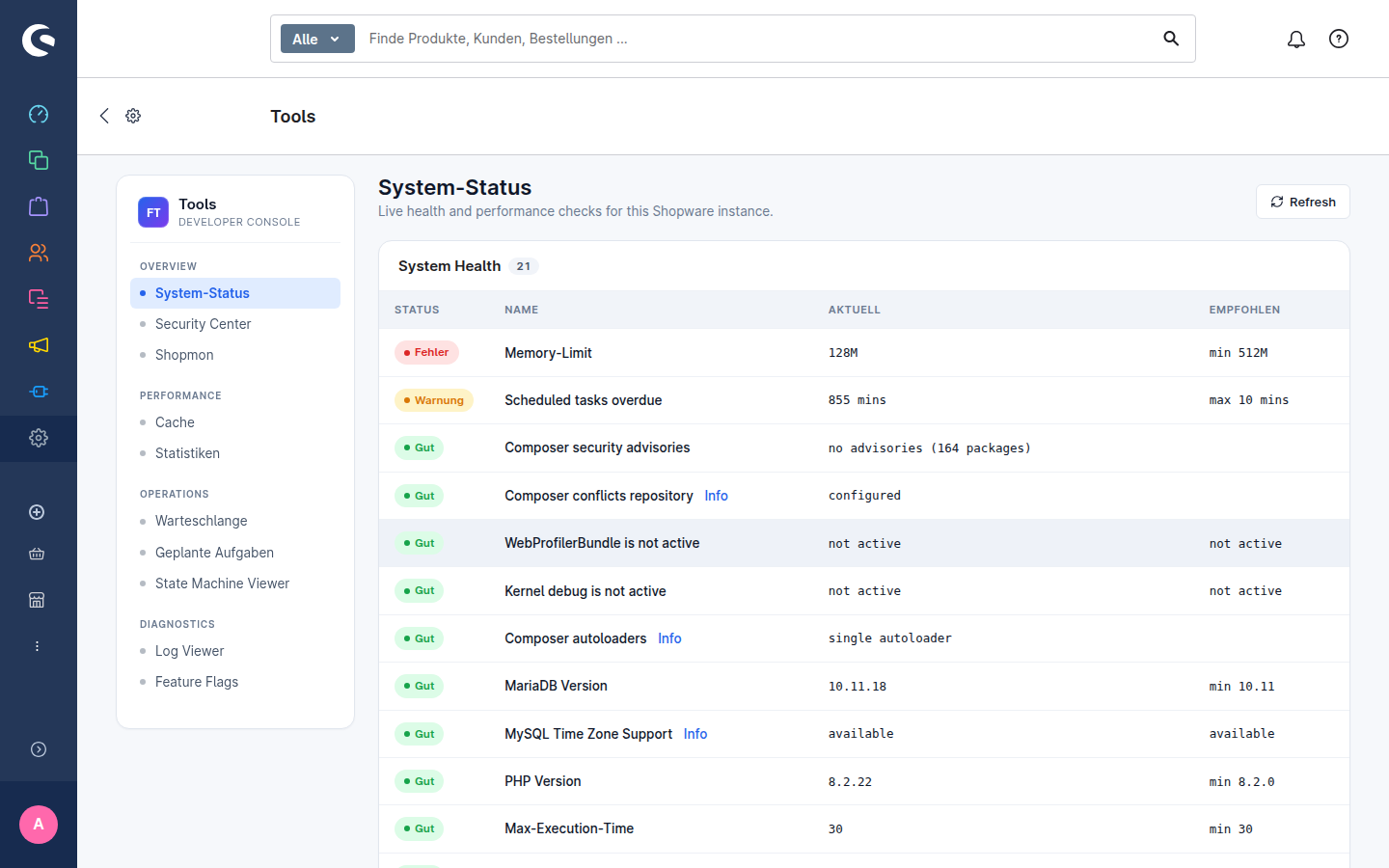 FroshTools Developer Console: System-Status mit Live-Health-Checks in der Shopware-Administration