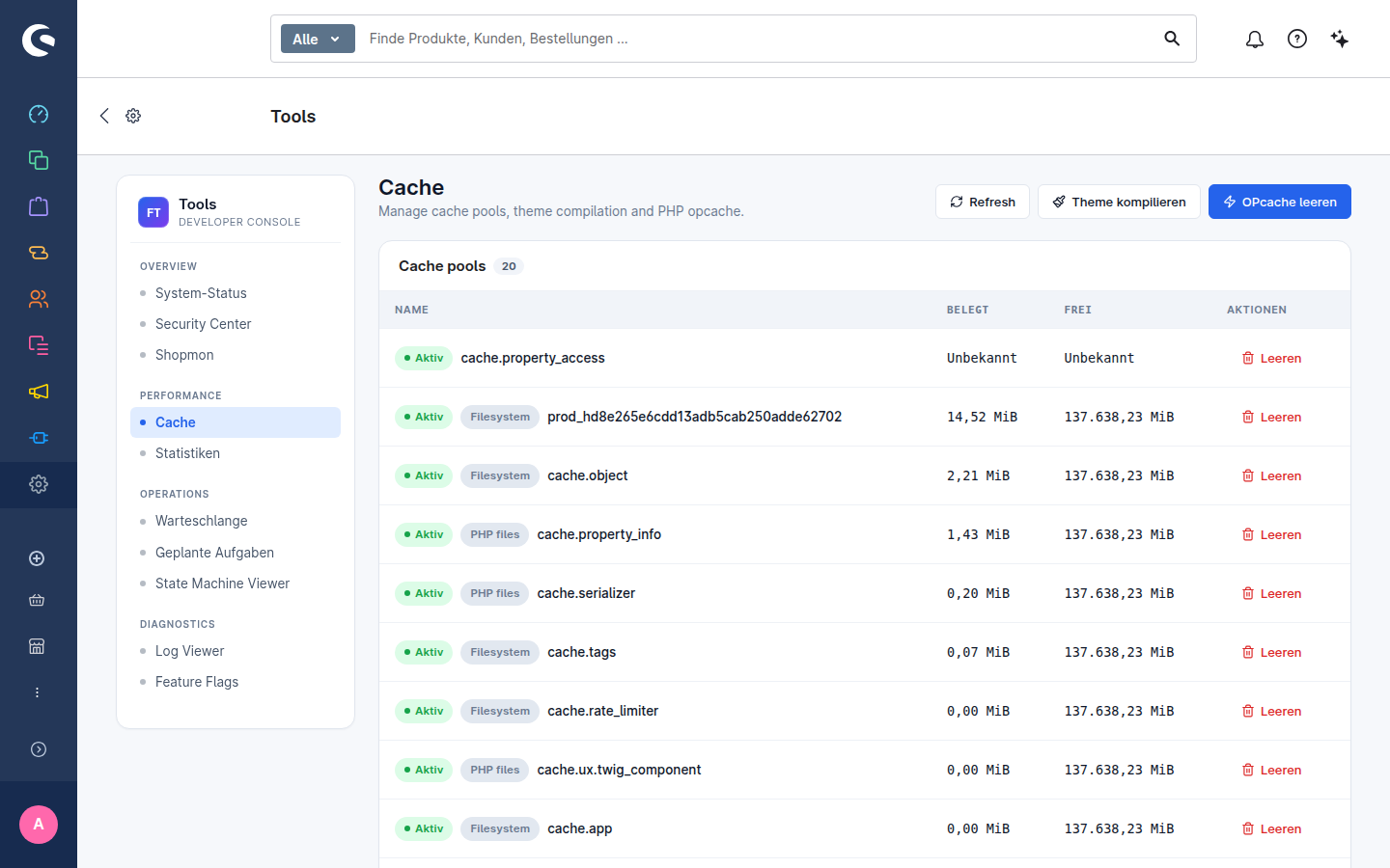 FroshTools Cache-Seite: 20 Cache-Pools mit Belegung, Theme kompilieren und OPcache leeren