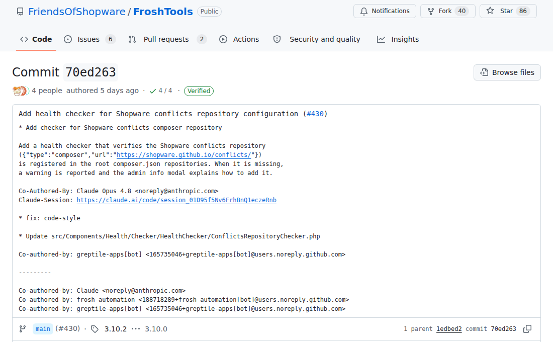 GitHub-Commit von FroshTools 3.10.2 mit Co-Authored-By: Claude Opus 4.8 und verlinkter Claude-Session