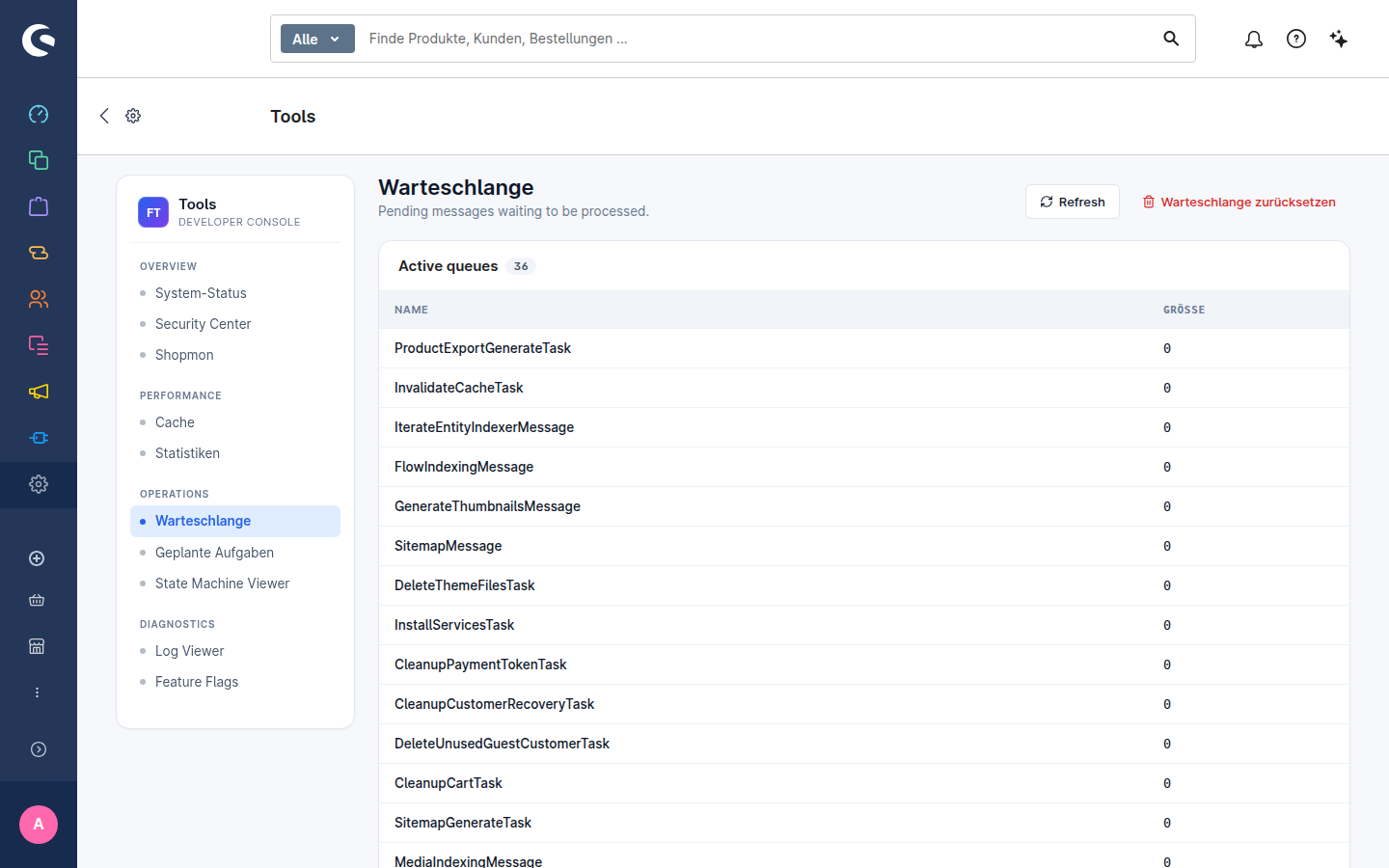 FroshTools Warteschlange: 36 aktive Queues der Shopware-Instanz mit Nachrichtenzahl
